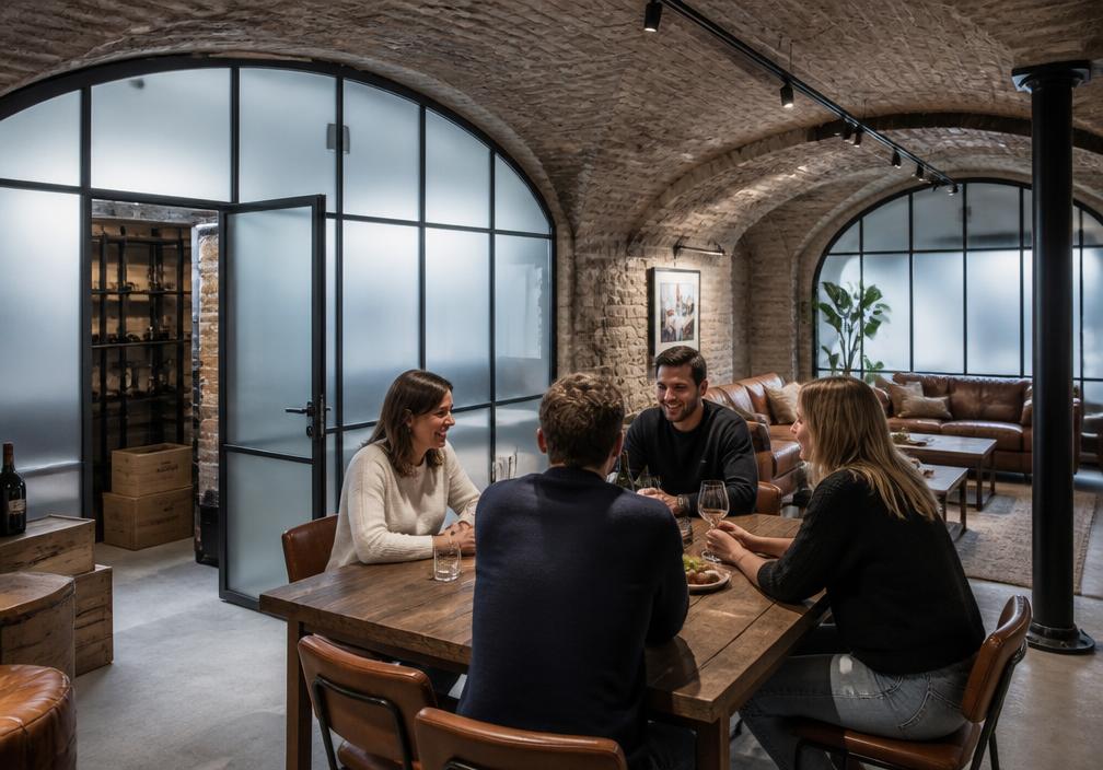 Friends gathered around a wooden table in the Bellevue Cellars lounge