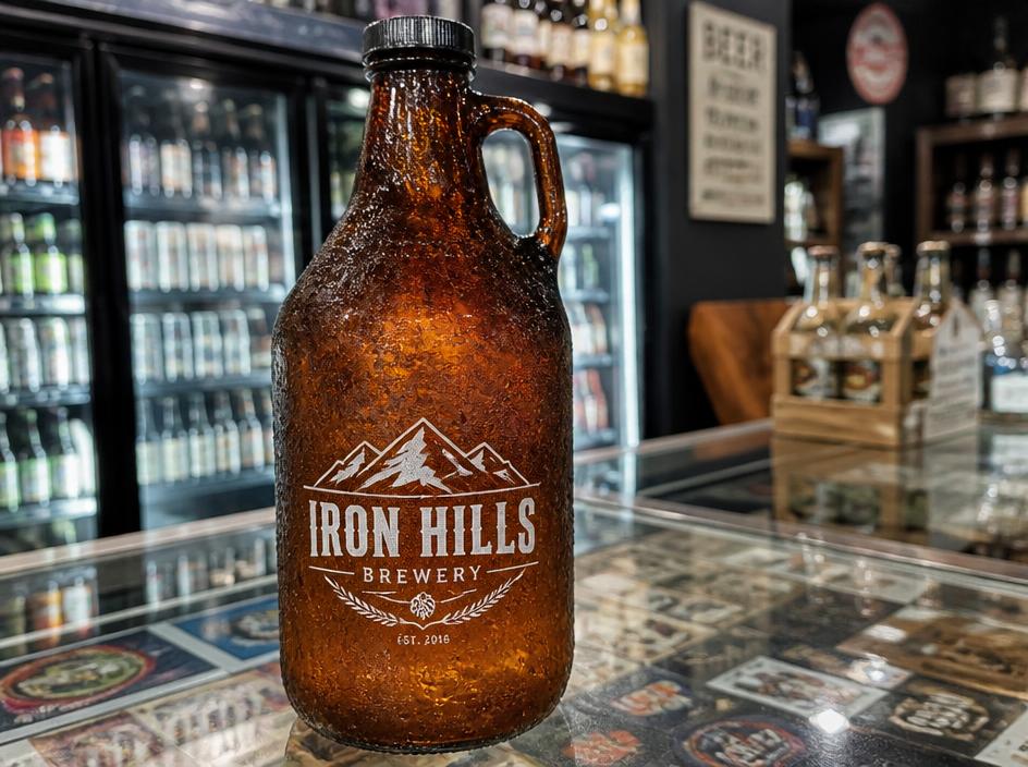 Amber beer growler with condensation on a glass counter